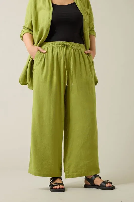 Chartreuse Green Wide Leg Premium Linen Trousers