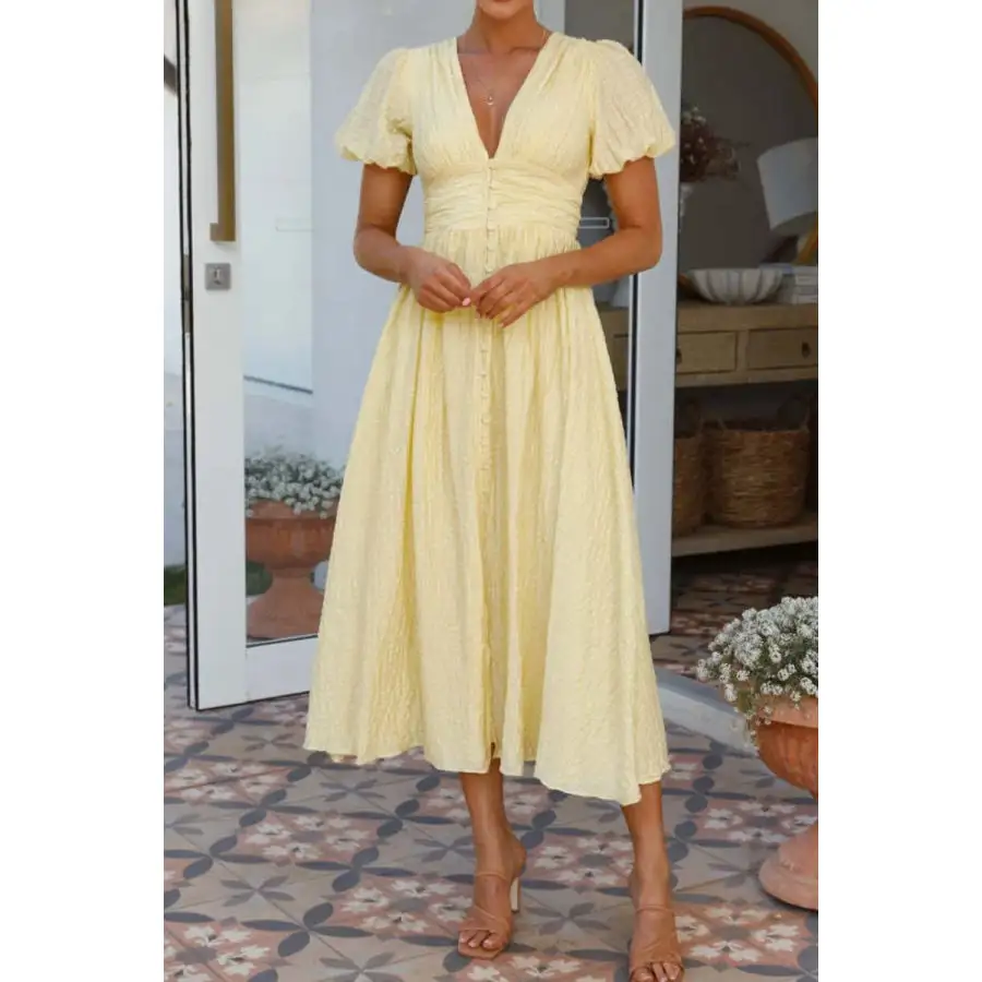V-Neck Puff Short Sleeve Midi Dress