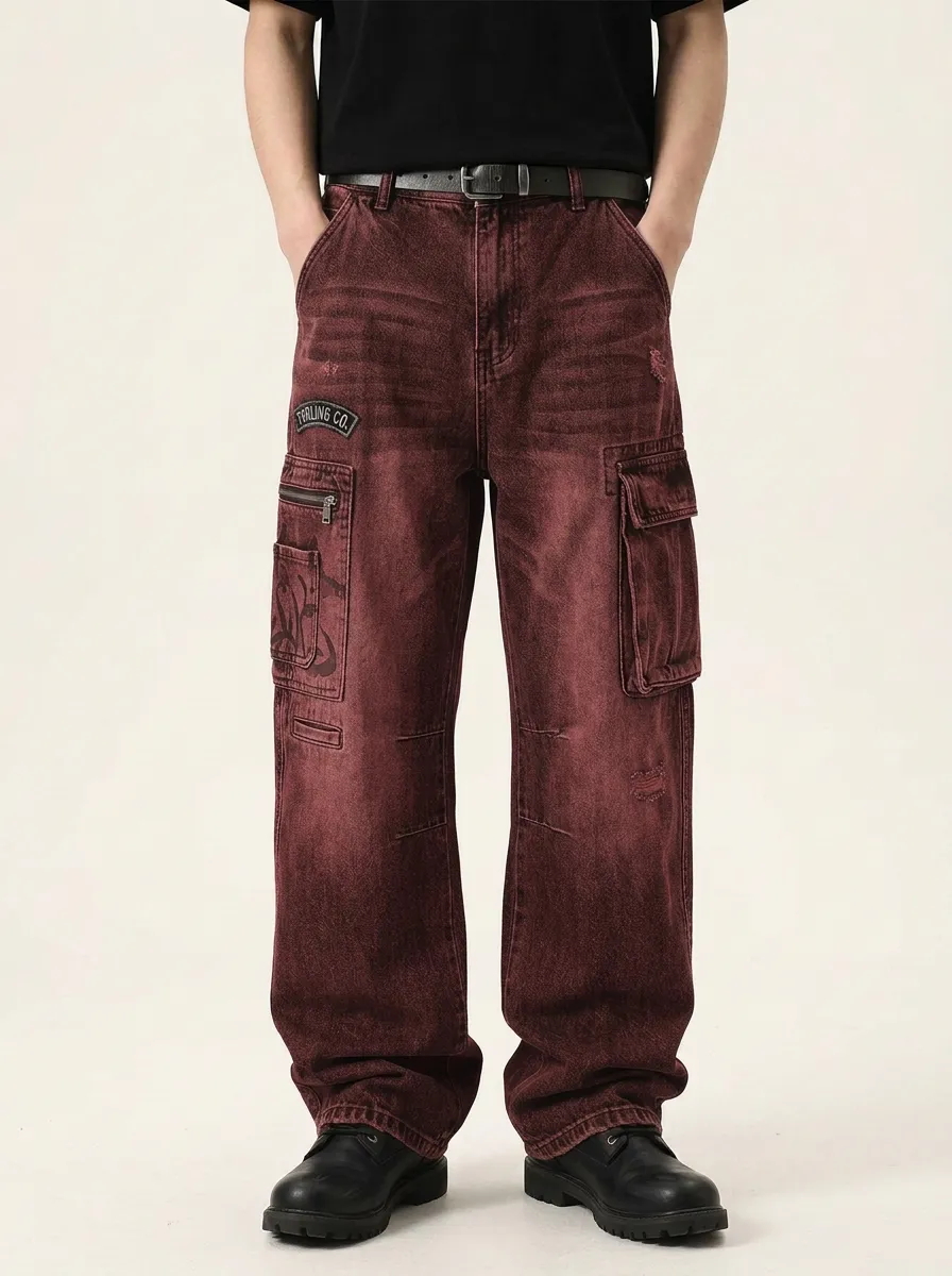 Men's Streetwear Vintage Wash Graphic Cargo Jeans