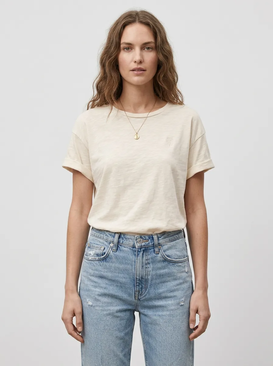 Women's Casual Minimalist Beige T-shirt Distressed Denim Jeans Set