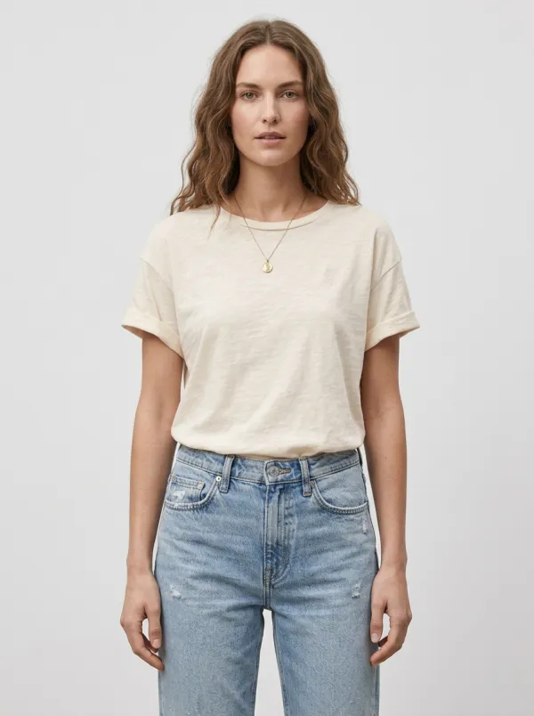 Women's Casual Minimalist Beige T-shirt Distressed Denim Jeans Set