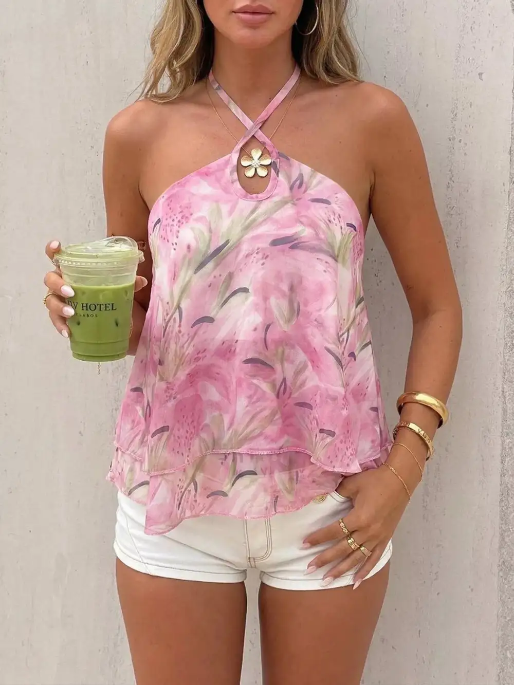 Floral Print Halter Neck Flowy Cami
