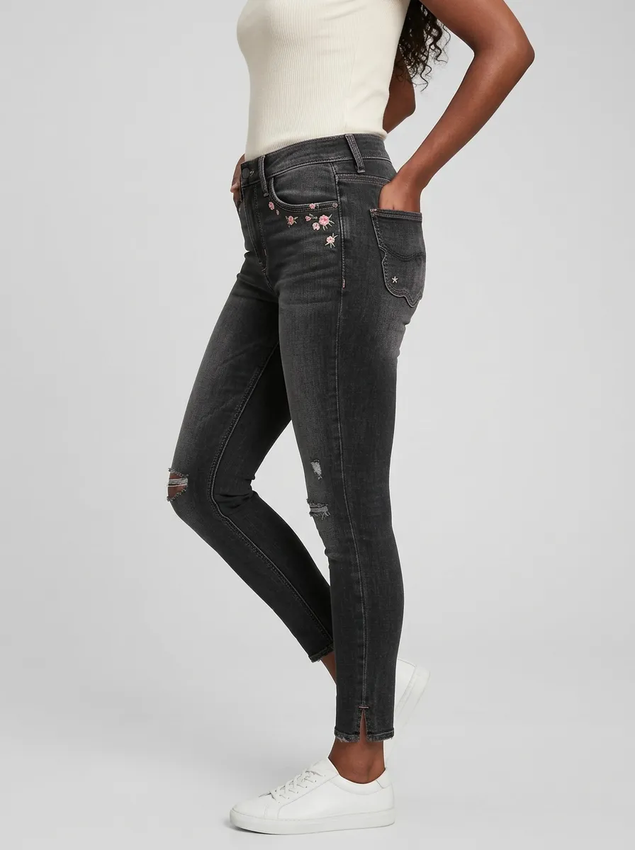 Women's Floral Embroidery Distressed Black Printed Slim Jeans