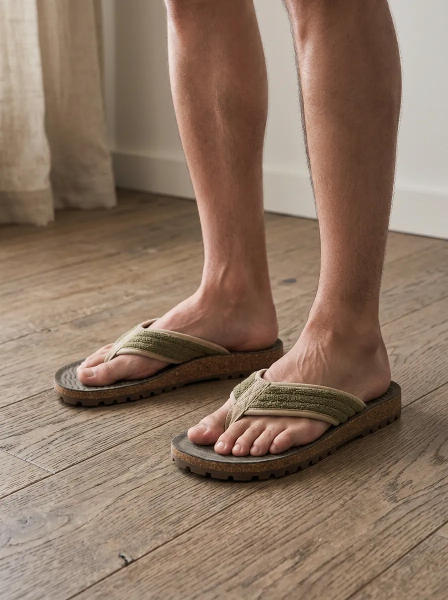 Men's Minimal Casual Textured Strap Cork Sole Flip Flops