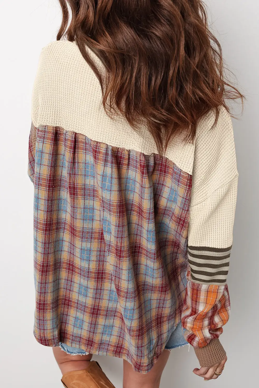 Plaid Henley Neck Waffle Knit Relaxed Cotton Blend Long Sleeve Top