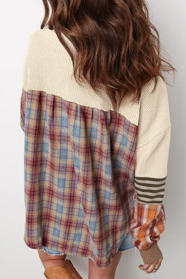 Plaid Henley Neck Waffle Knit Relaxed Cotton Blend Long Sleeve Top