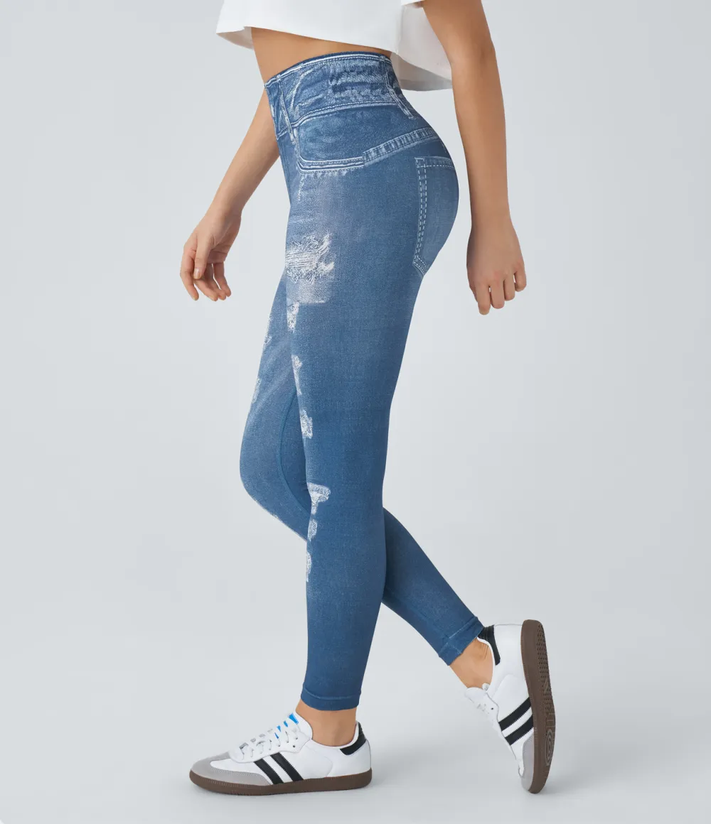 Seamless Flow High Waisted Denim Print Casual Leggings
