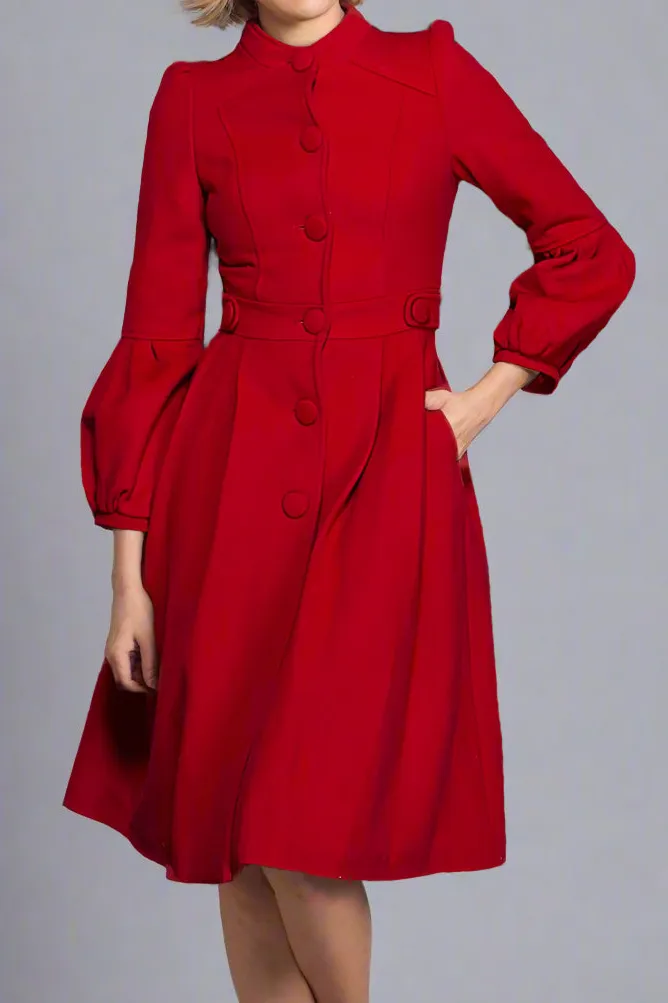 Wool Blend Tailored Single Breasted Pleated Pocketed Coat