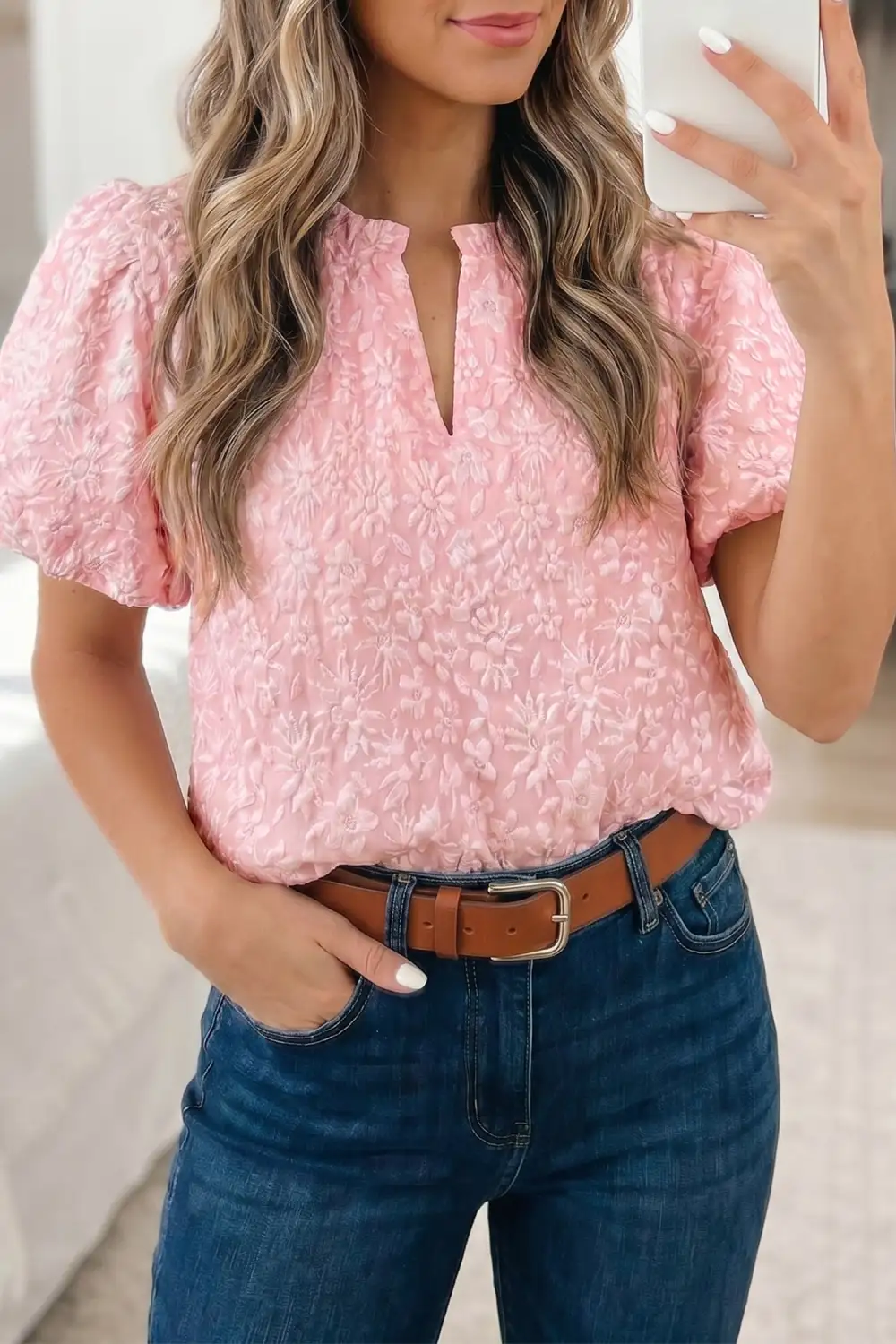 Floral Textured Puff Sleeve Blouse