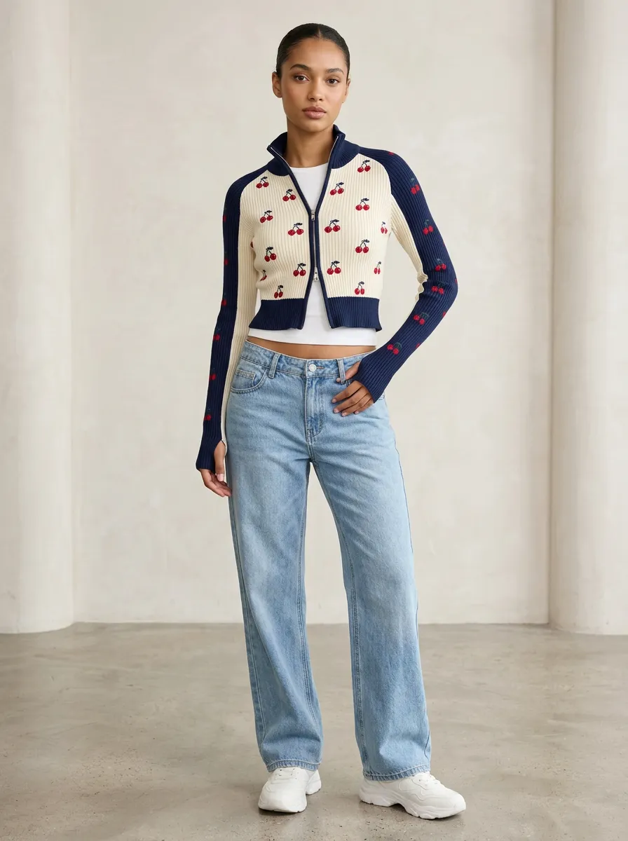 Women's Cherry Pattern Ribbed Knit Zip-up Cardigan