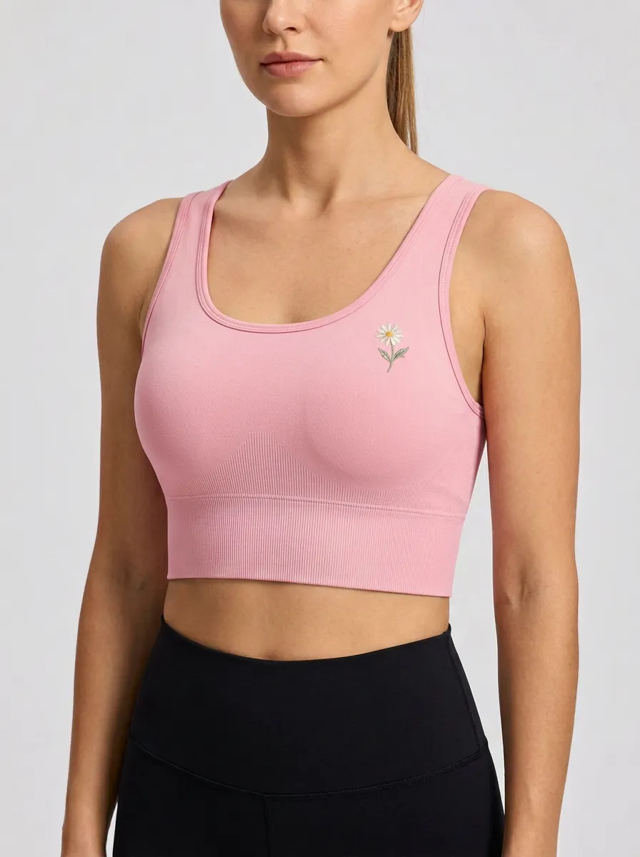 Women's Daisy-Embroidered Scoop-Neck Ribbed Seamless Left-Chest Sports Bra