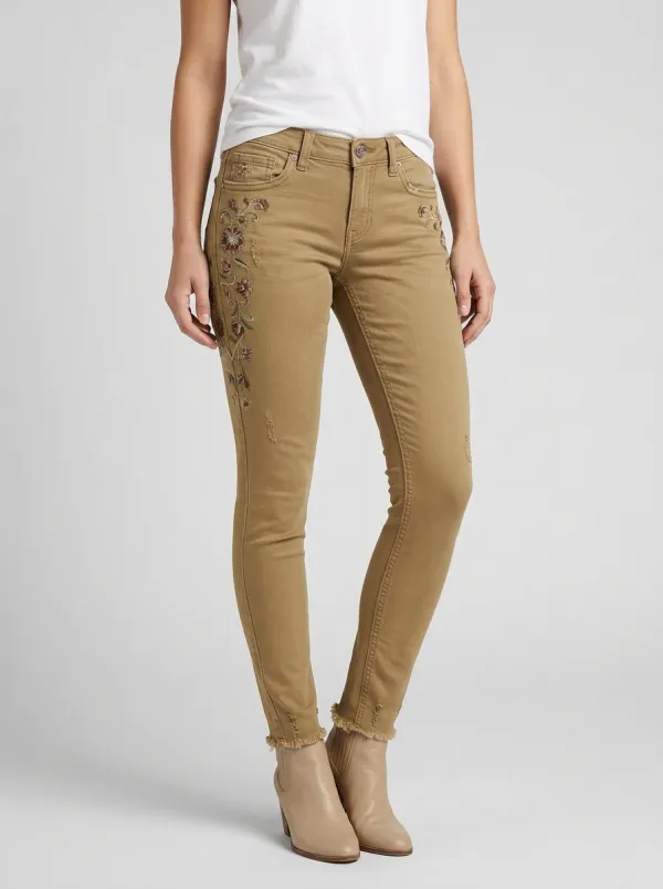 Women's Floral Embroidery Distressed Printed Slim Jeans