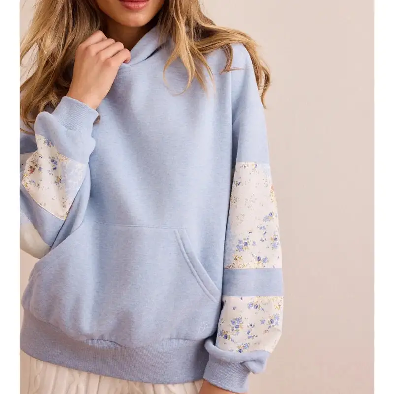 Floral Embroidered Patchwork Sleeve Hoodie