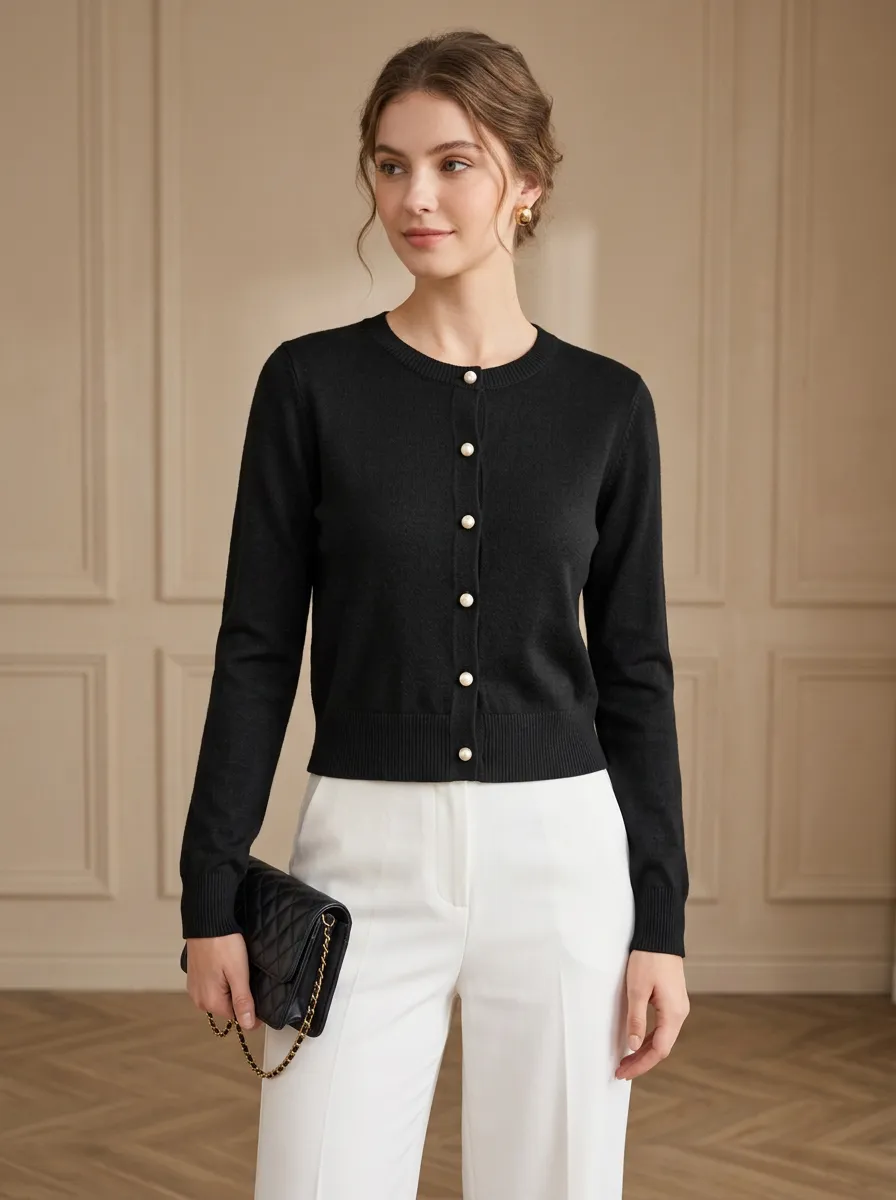 Women's Pearl-Button Crewneck Cardigan