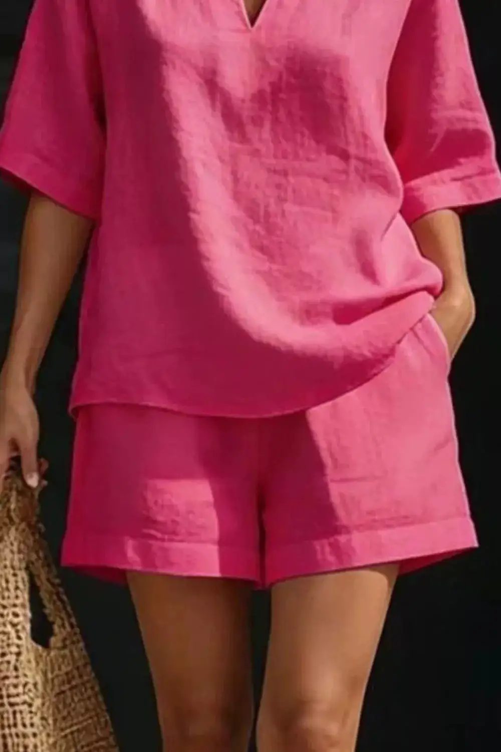 Relaxed Notched Half Sleeve Top and Shorts Set