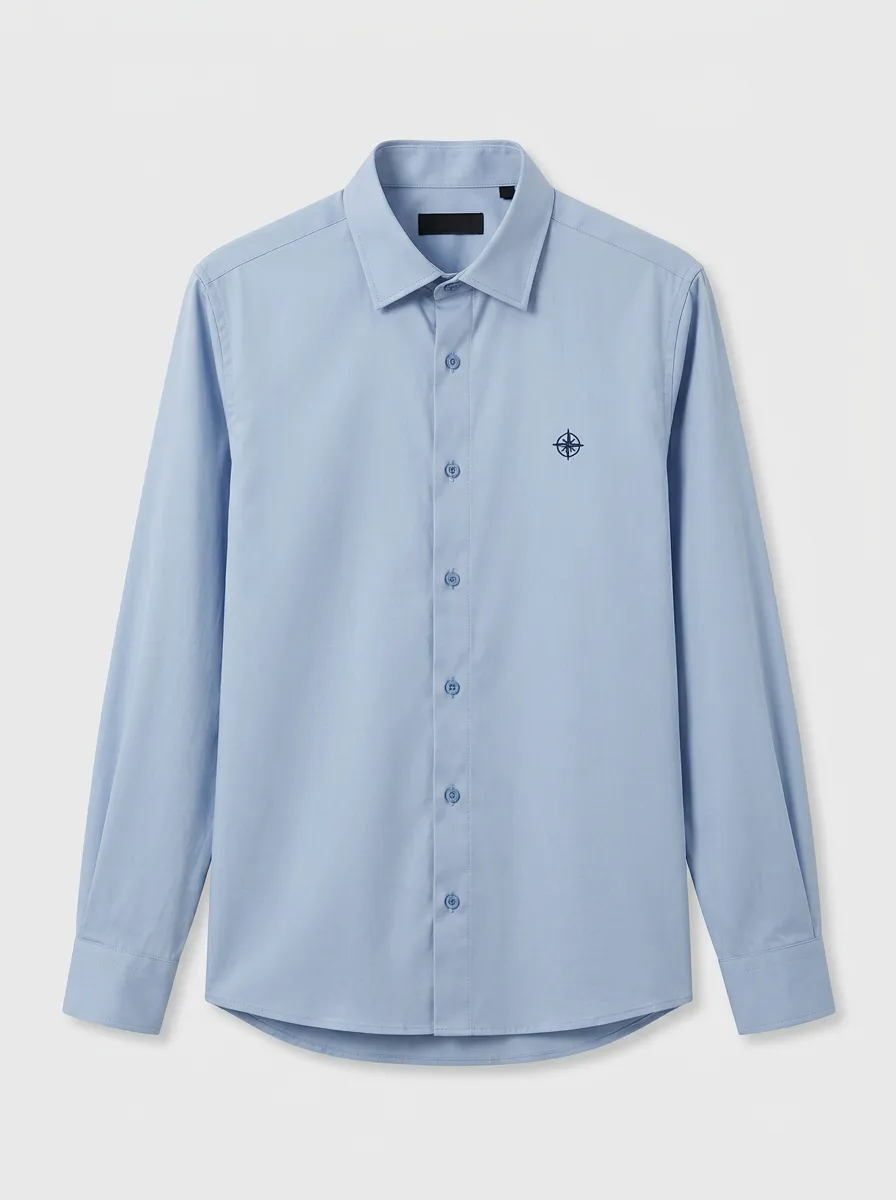 Men's Travel Compass Embroidery Non-Iron Cotton Long Sleeve Shirt