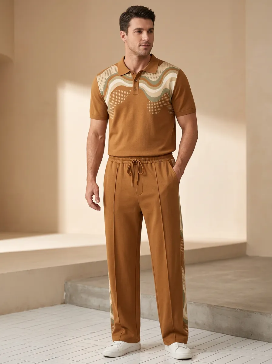 Men's Retro Wave Pattern Printed Casual Polo Set Everyday Design