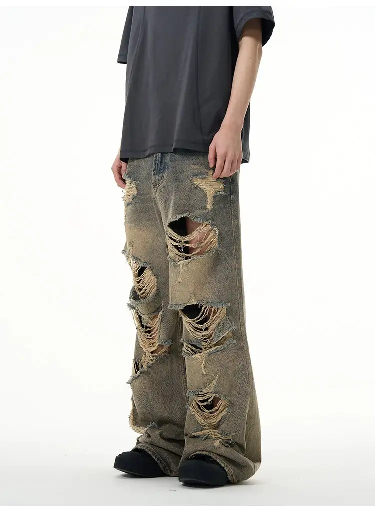 Wide-Leg Distressed Ripped Jeans