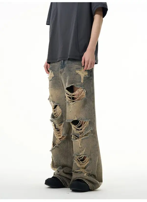 Wide-Leg Distressed Ripped Jeans
