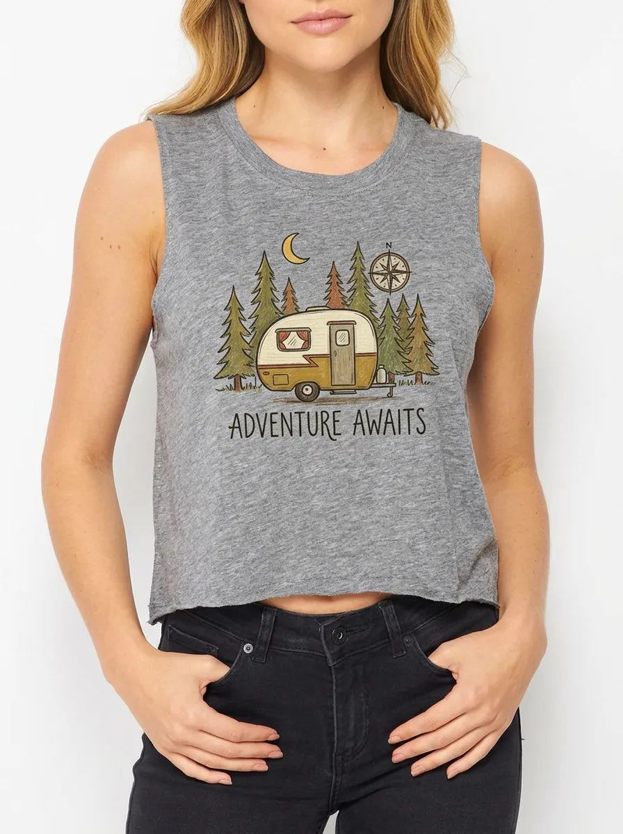 Women's Camping Adventure Awaits Camper Forest Graphic Tank Top