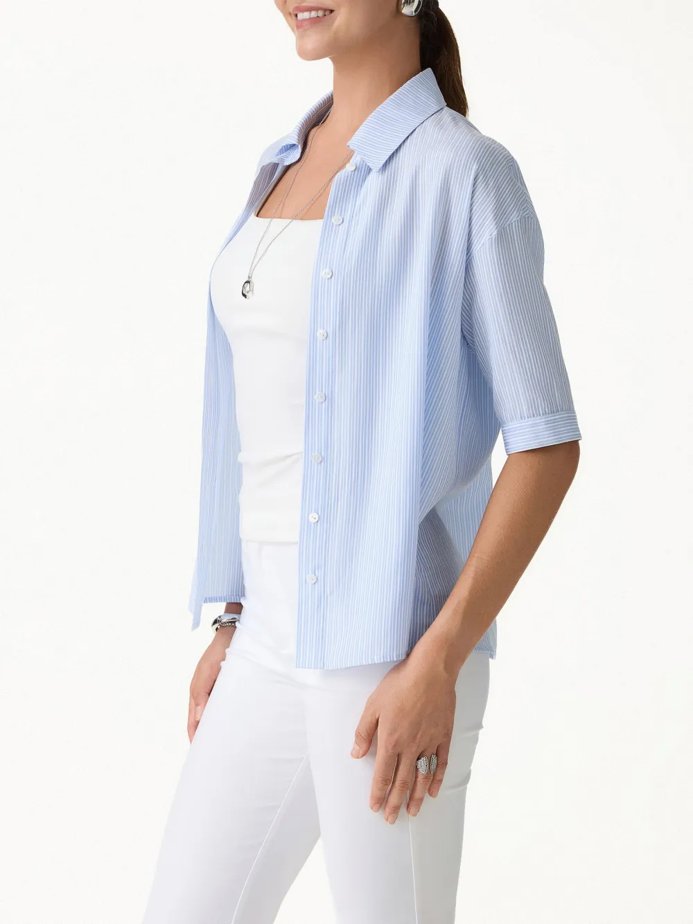 Collared Elbow Sleeve Poplin Shirt
