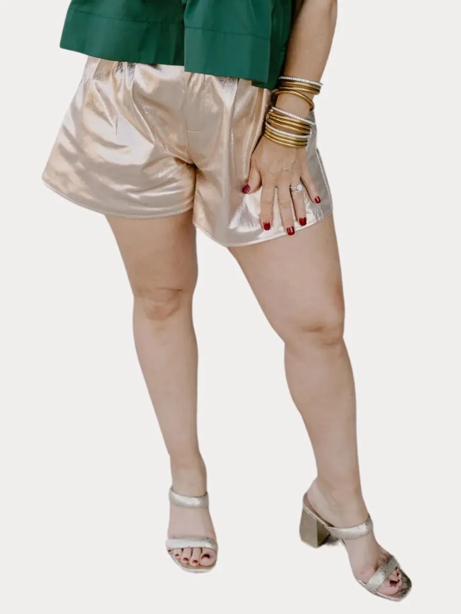 Metallic High Rise Pleated Shorts
