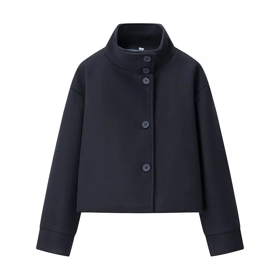 Stand-Collar Button-Front Wool-Blend Relaxed Outerwear Coat