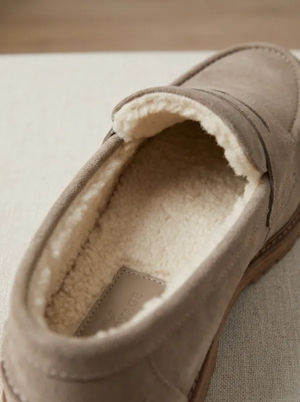 Women's Faux Fur Lined Penny Suede Wood Sole Loafers