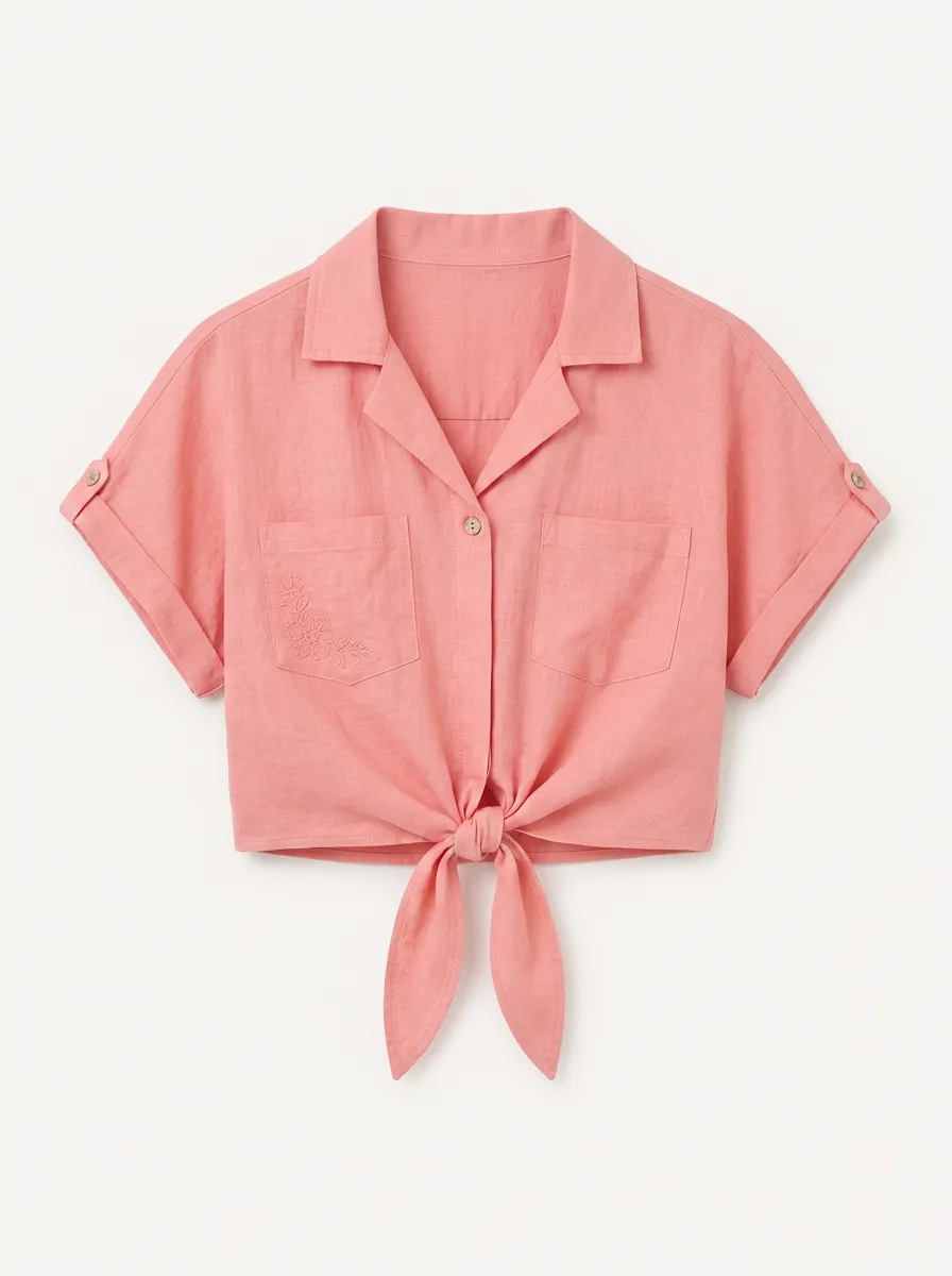 Women's Floral Embroidered Pink Tie-Front Linen Blend Top
