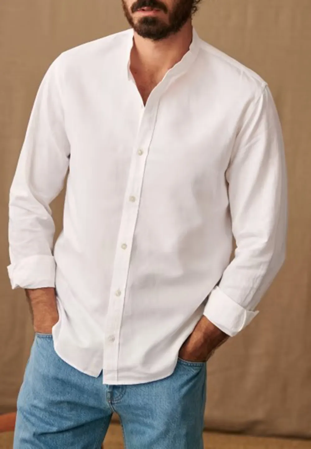 Classic White Cotton Linen Blend Button Up Shirt