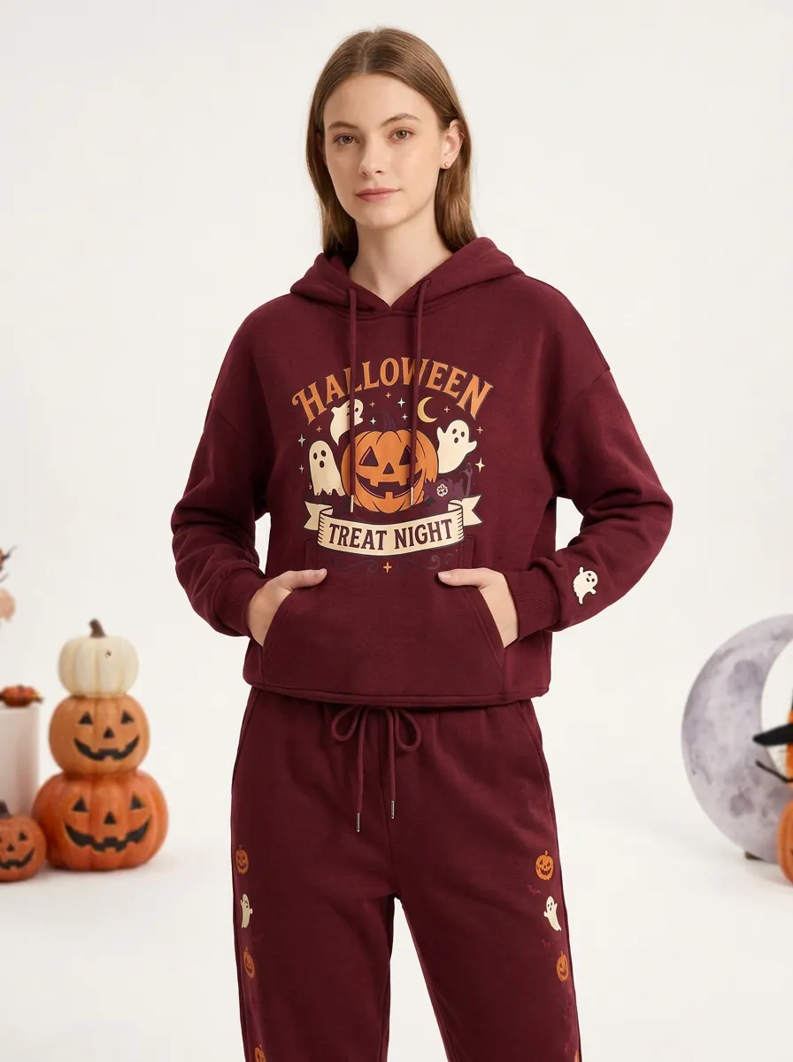 Women's Halloween Treat Night Pumpkin Ghost Printed Lounge Set