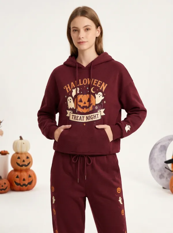 Women's Halloween Treat Night Pumpkin Ghost Printed Lounge Set