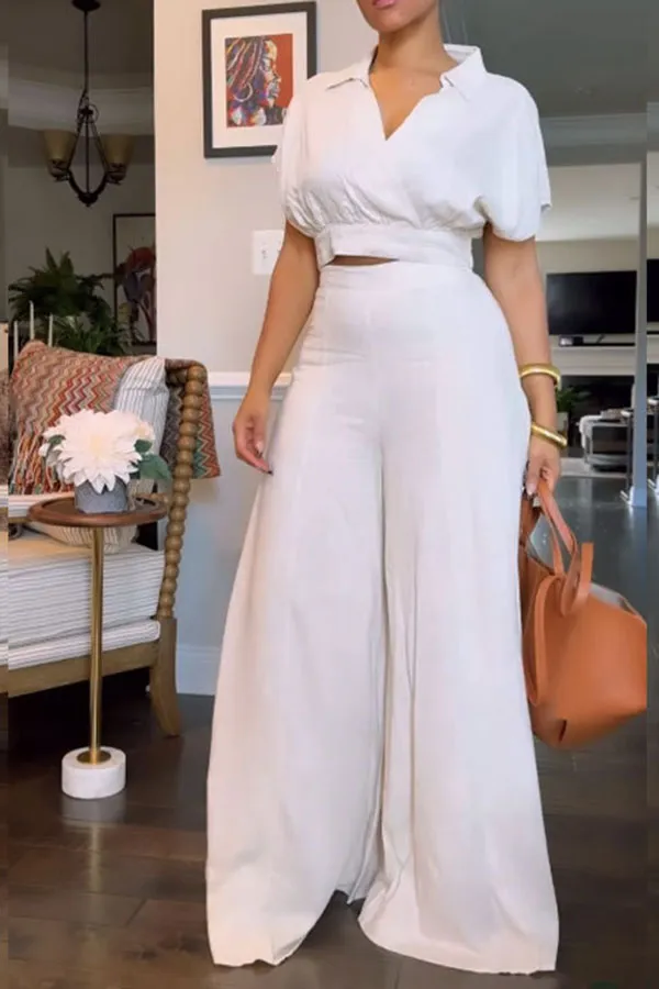 White Wide-Leg Collared Pant Set
