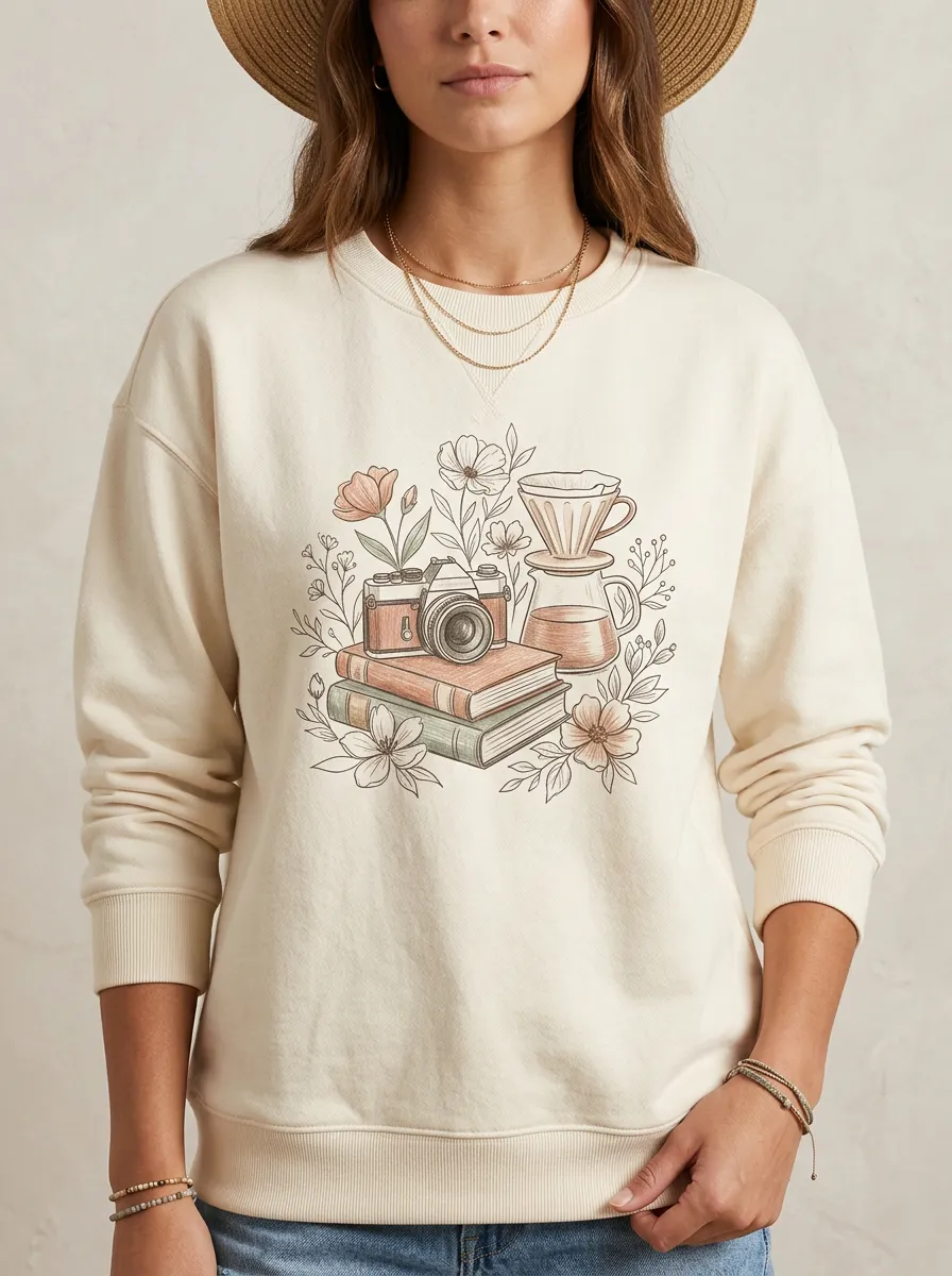 Women's Camera Coffee Book Floral Graphic Sweatshirt