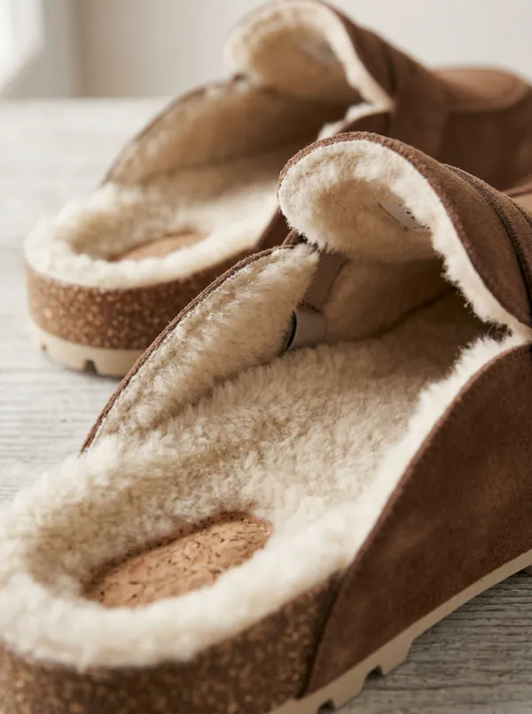 Women's Rugged Faux Fur Lined Clog Style Suede Wood Sole Loafers