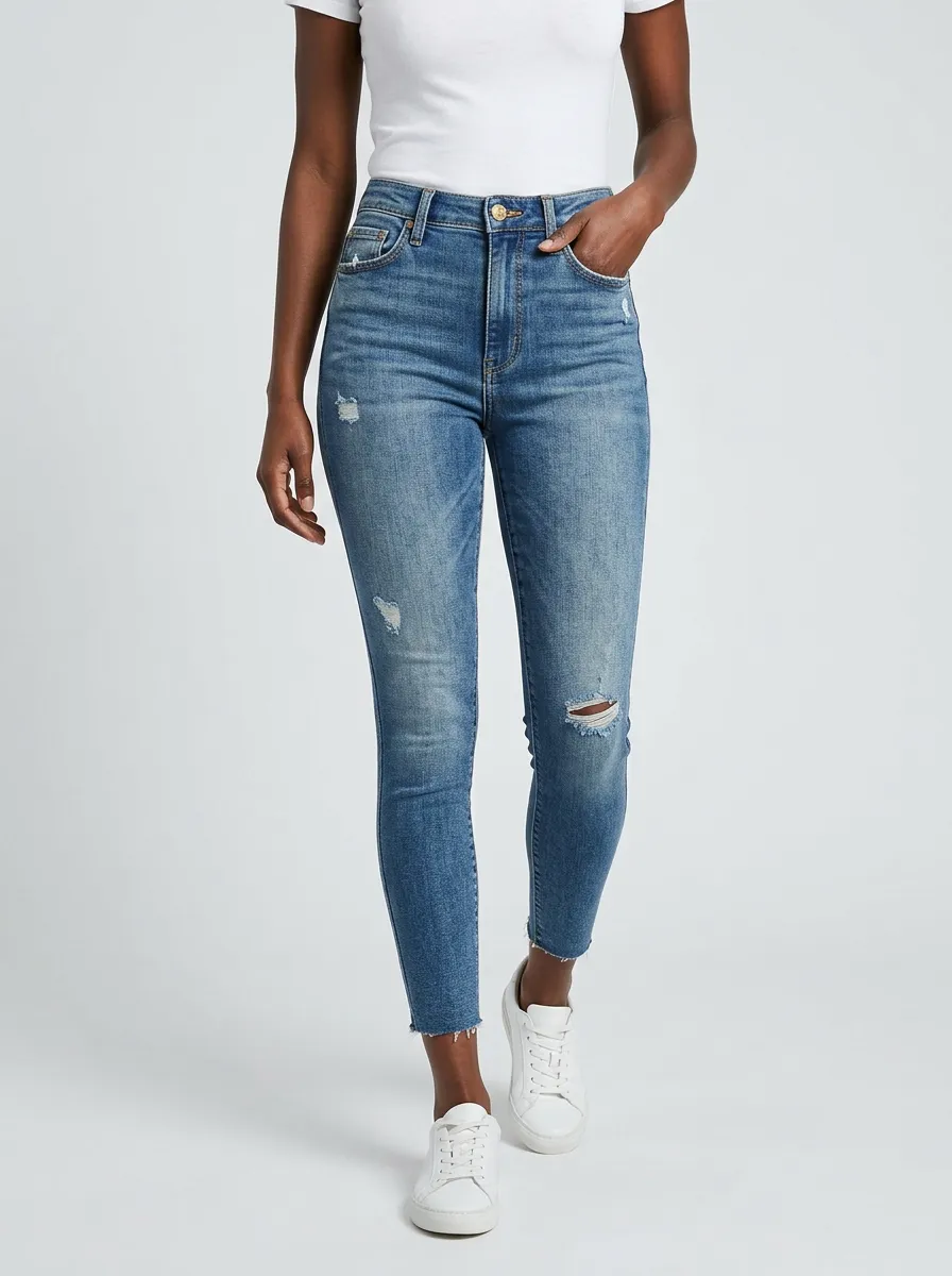 Women's Casual Distressed Blue Denim Slim-Fit Jeans