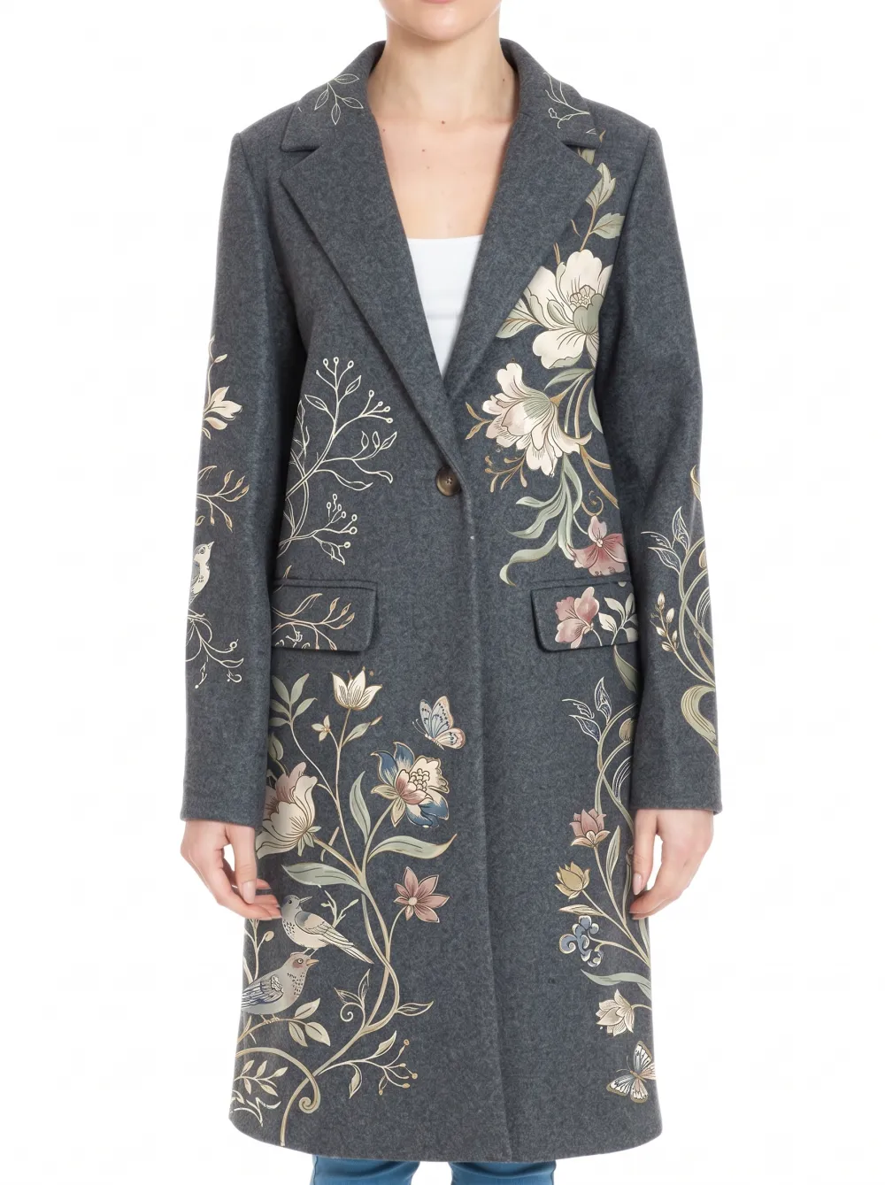 Women's Single Button Floral Bird Nature Lover Wool Coat