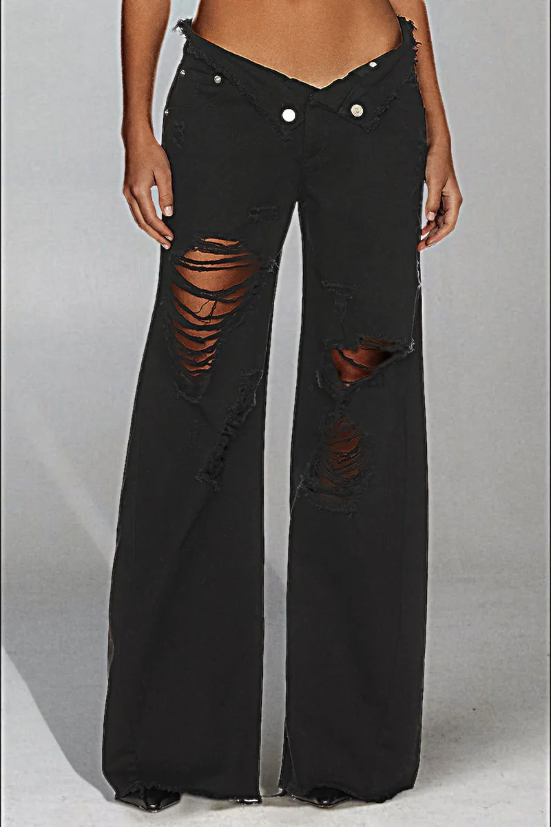Mid Waist Ripped Raw Hem Flare Jeans