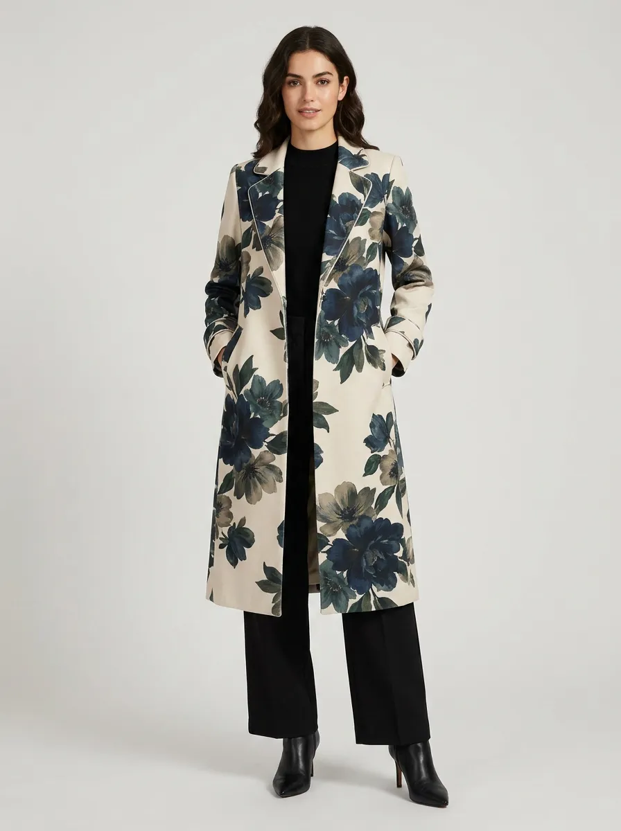 Women's Floral Lover Navy Flower Printed Trench Coat