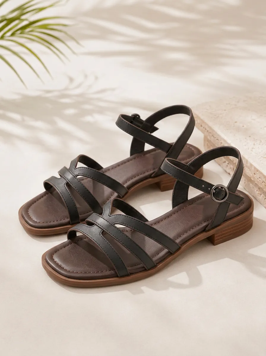 Women's Casual Summer Brown Strappy Buckle Flat Sandals
