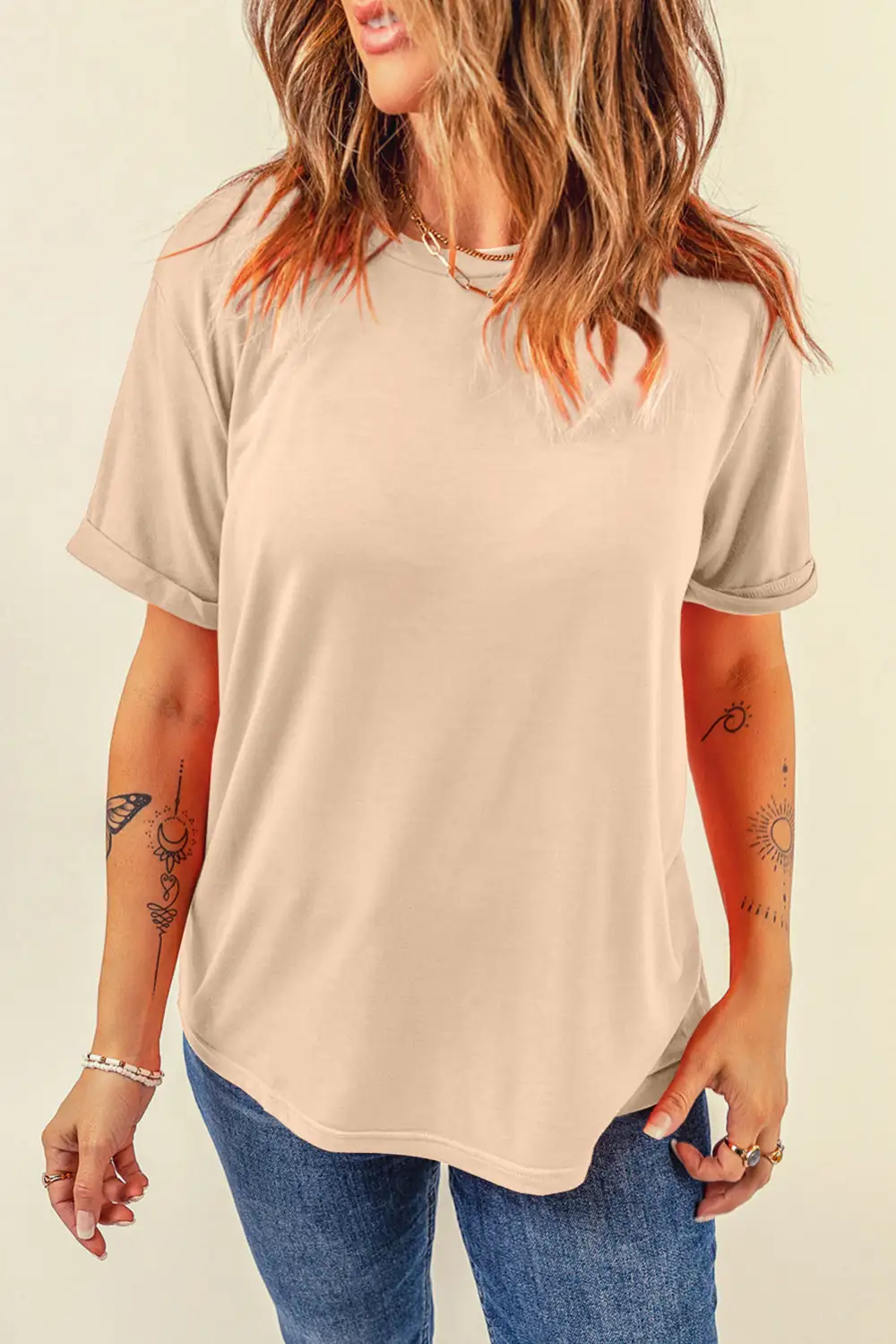 Khaki Casual Plain Crew Neck