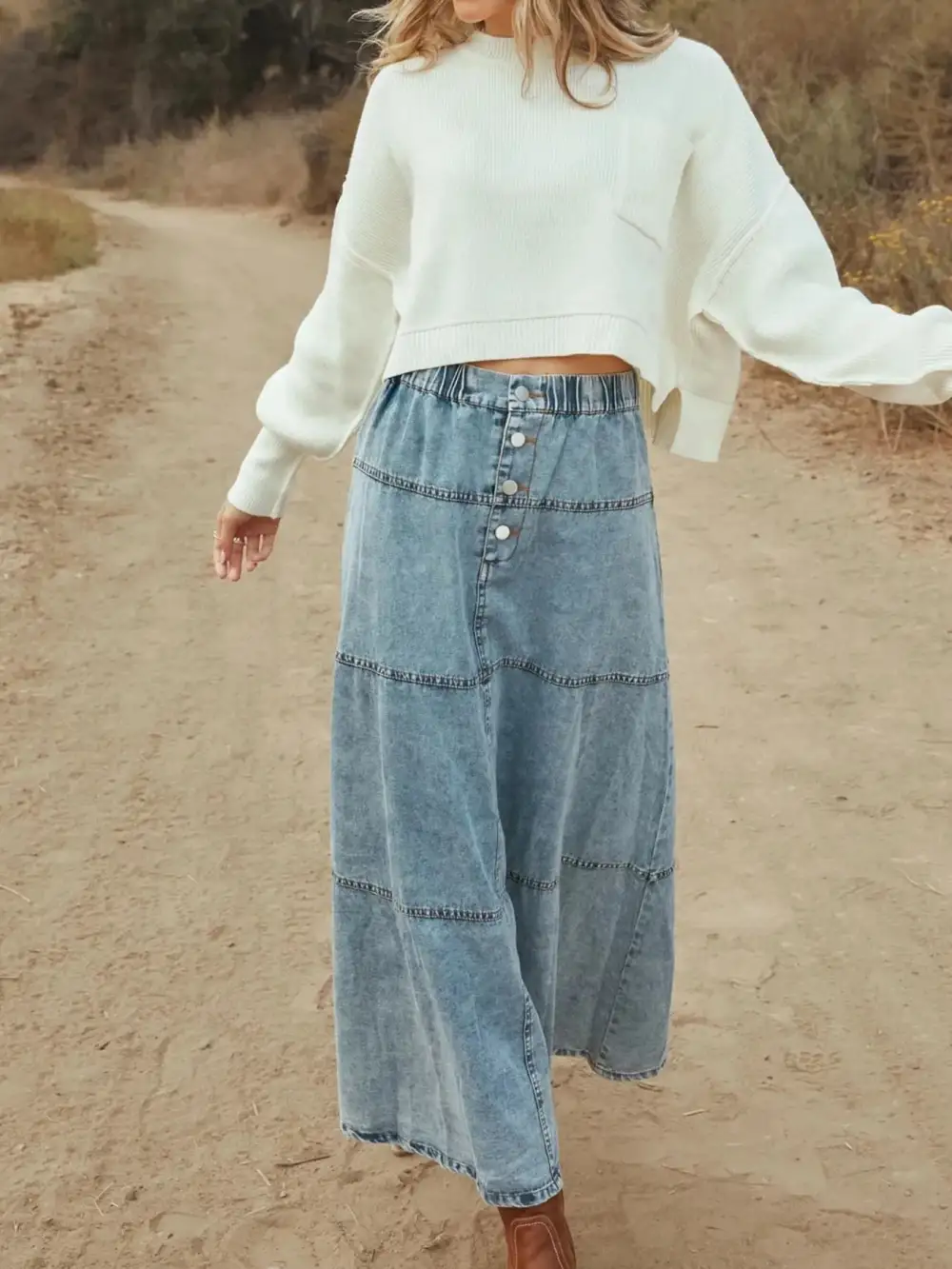 Button-Front Tiered Maxi Skirt