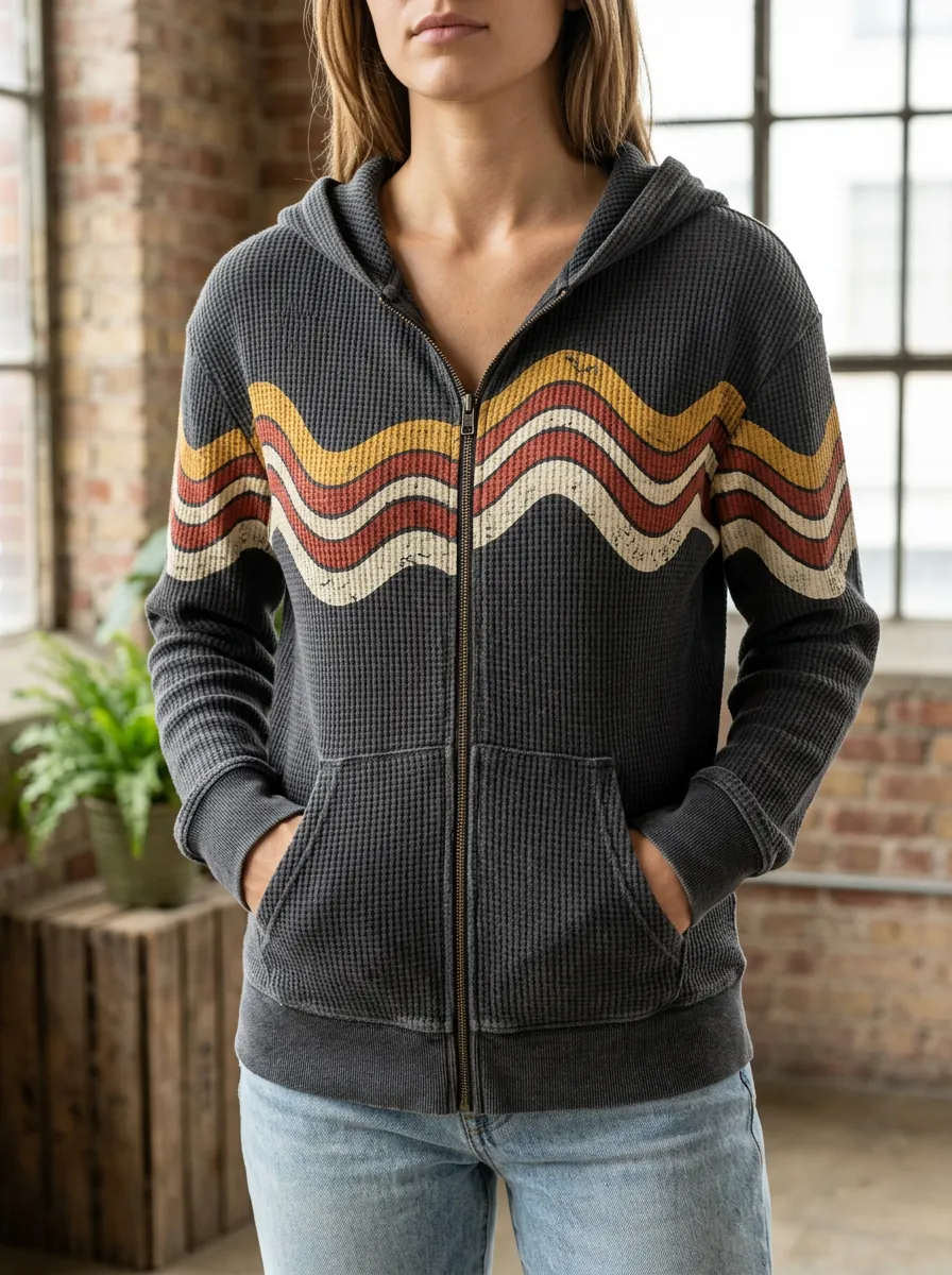 Women's Retro Wave Pattern Signature Graphic Waffle Zip-Up Hoodie