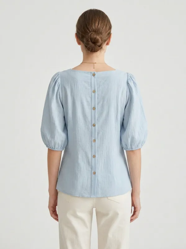Classic Square-Neck Button-Front Women's Puff-Sleeve Blouse