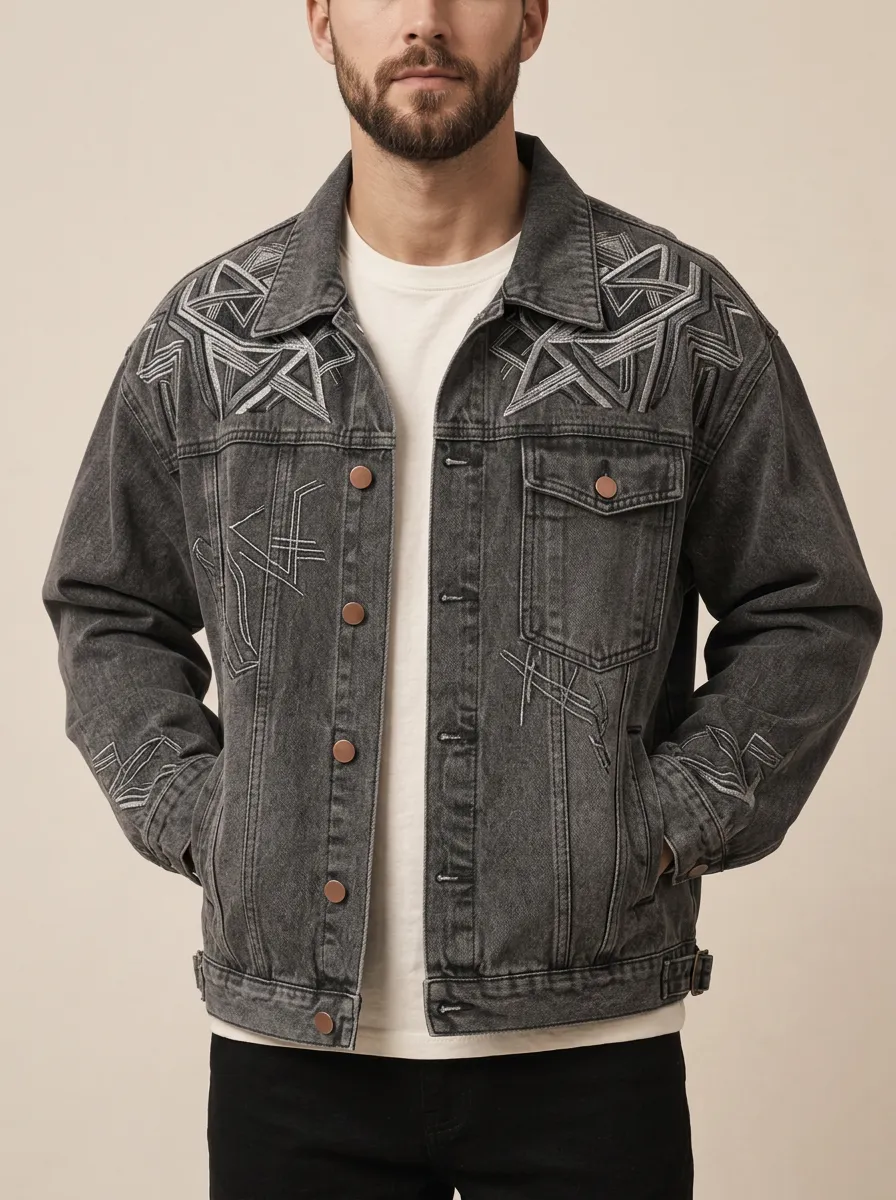 Men's Geometric Washed Embroidered Denim Jacket