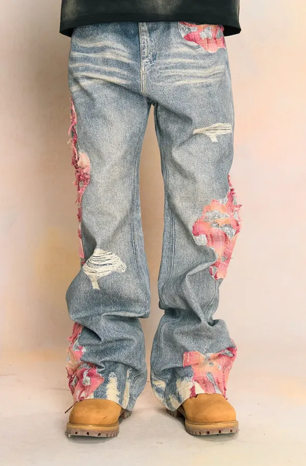 Lace-Embroidered Wide-Leg Jeans