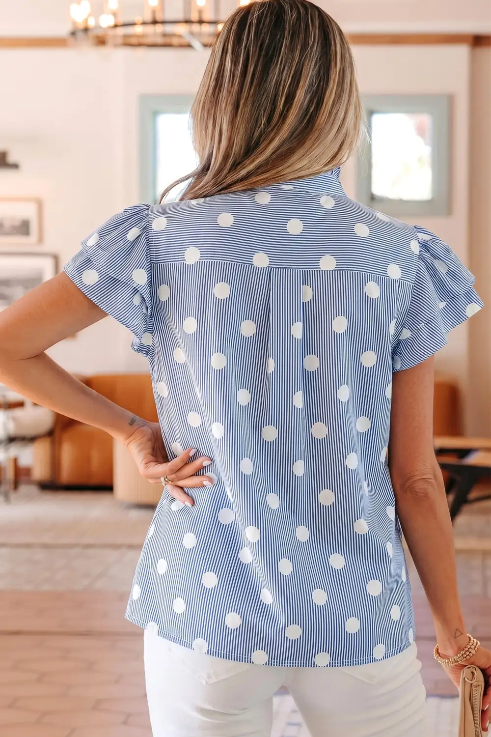 Women's Striped Polka Dot Ruffle Sleeve Blouse