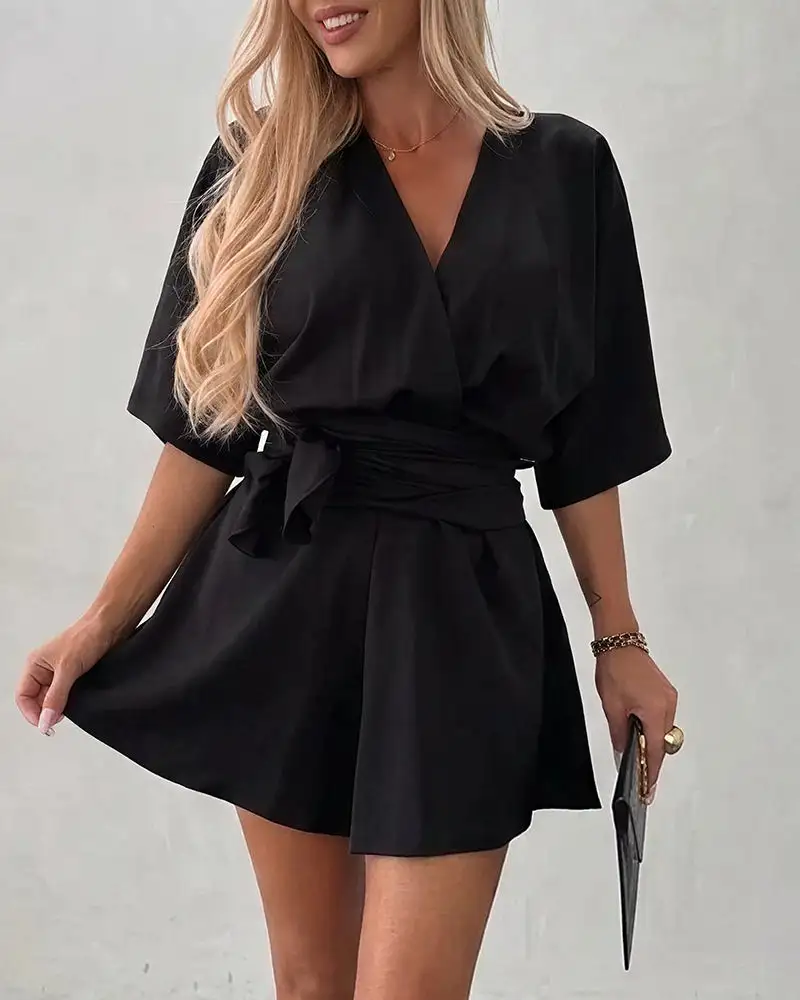 V-Neck Wrap Romper With Tie Waist