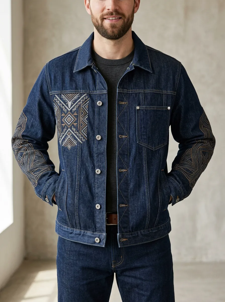 Men's Crafted Tribal Geometric Denim Jacket