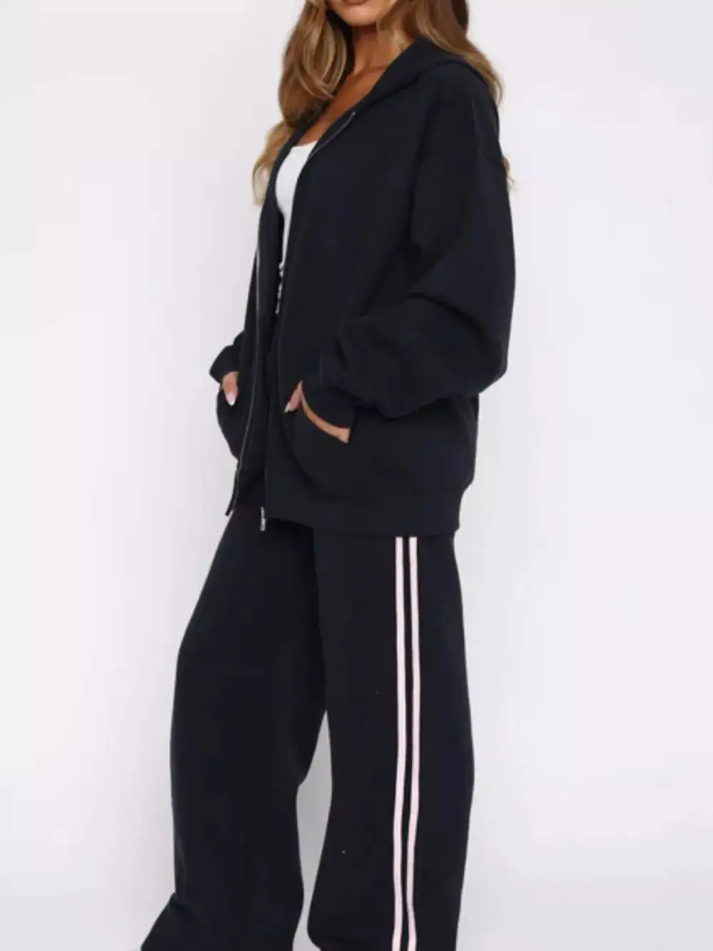 Zip Up Hoodie and Striped Pants Set